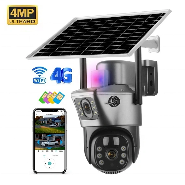 Full HD 4MP Wireless Solar PTZ Camera | Intelligent Solar & 4G LTE Network | Dual Cameras Outdoor Security V380