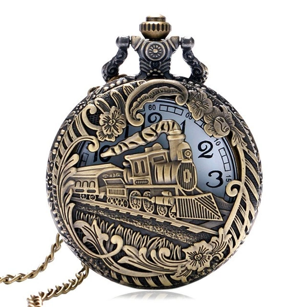 Train Locomotive Engine Pattern Pocket Watch | Hollow Cover Necklace Pendant Gift Clock