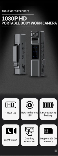 1080P HD Body-Worn Camera with Night Vision | 8-Hour Law Enforcement Recorder, Portable Cam with Rotatable Lens