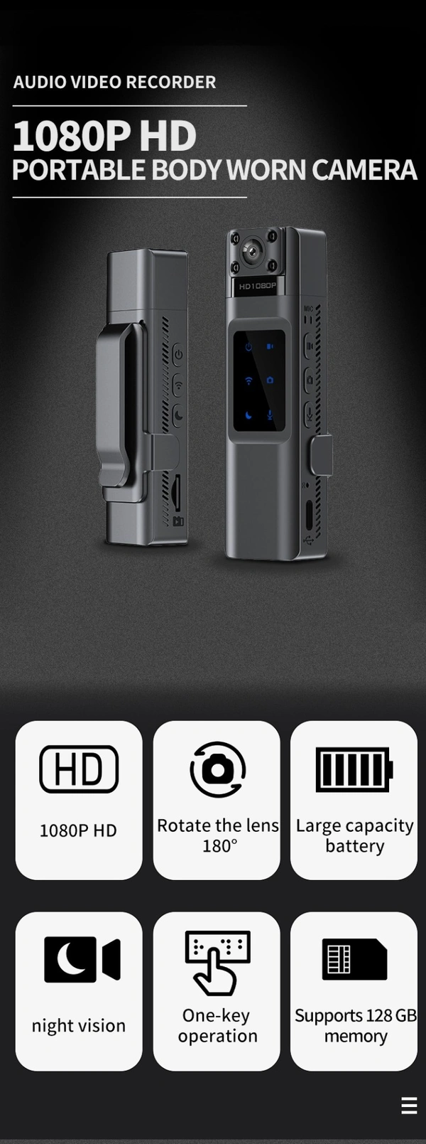 1080P HD Body-Worn Camera with Night Vision | 8-Hour Law Enforcement Recorder, Portable Cam with Rotatable Lens
