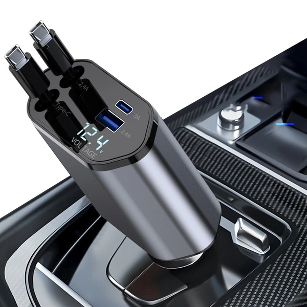 4-in-1 Retractable Super Fast Car Charger with Dual USB Ports for Type-C & iPhone