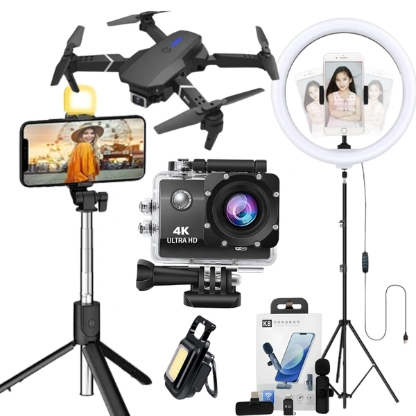 Vlogging Kit for Beginners – Ring Light, Action Camera, Drone, K8 Mic, Selfie Stick, Keychain light