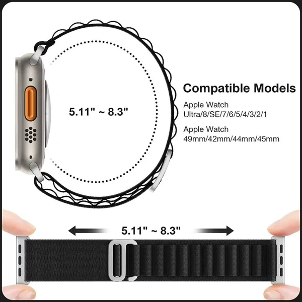 Alpine Smart Watch Strap Compatible with ultra smart Watch 49mm 45mm 44mm and 42mm Perfect Fit for Ultra SE2 SE Series 8/7/6/5/4/3/2/1 iWatch Smart Strapband for Men Women Smart Watch Strap  (Black)