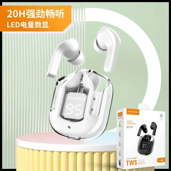 Transparent earphones portable TWS touch control copper ring ABS Fast charging Handsfree wireless LED Display Earbuds - White