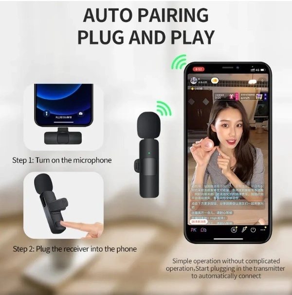 2in1 Noise Reduction Lavalier Lapel K9 Microphone WIreless Microphone for Liverstreaming Vlog Live Streaming Youtuber Podcast