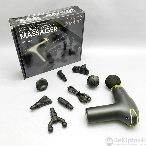 Compact portable muscle massager (massage percussion percussion gun) Massager KH-920, 25W (8 attachments, 5 intensity modes, USB / Type-C charging)
