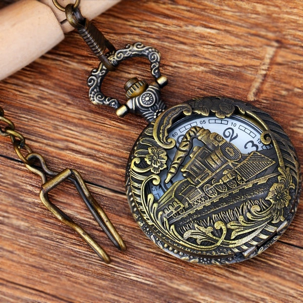 Train Locomotive Engine Pattern Pocket Watch | Hollow Cover Necklace Pendant Gift Clock