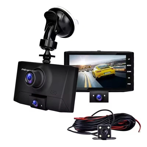 3 Channel Vehicle Driving Recorder | 4.0 Inch HD Screen, 1080p Dash Cam with Motion Detection