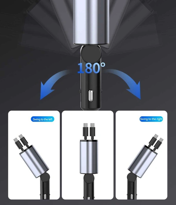 4-in-1 Retractable Super Fast Car Charger with Dual USB Ports for Type-C & iPhone