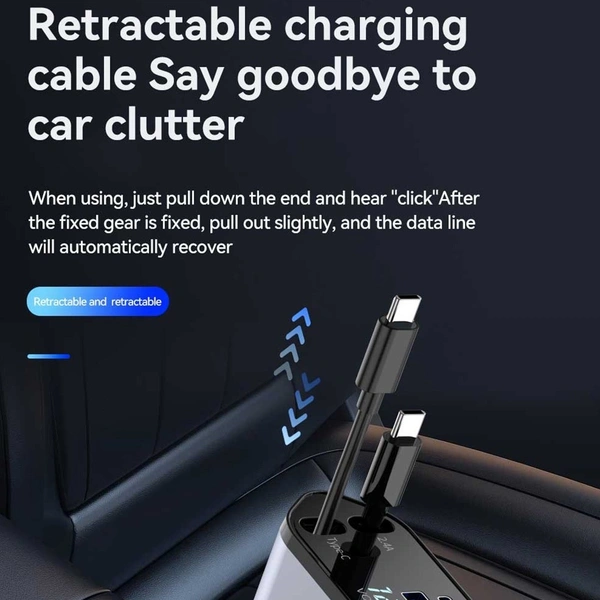 4-in-1 Retractable Super Fast Car Charger with Dual USB Ports for Type-C & iPhone