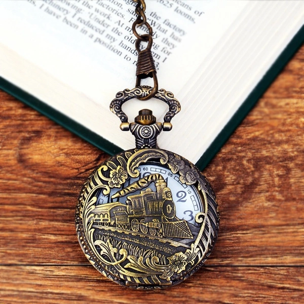 Train Locomotive Engine Pattern Pocket Watch | Hollow Cover Necklace Pendant Gift Clock