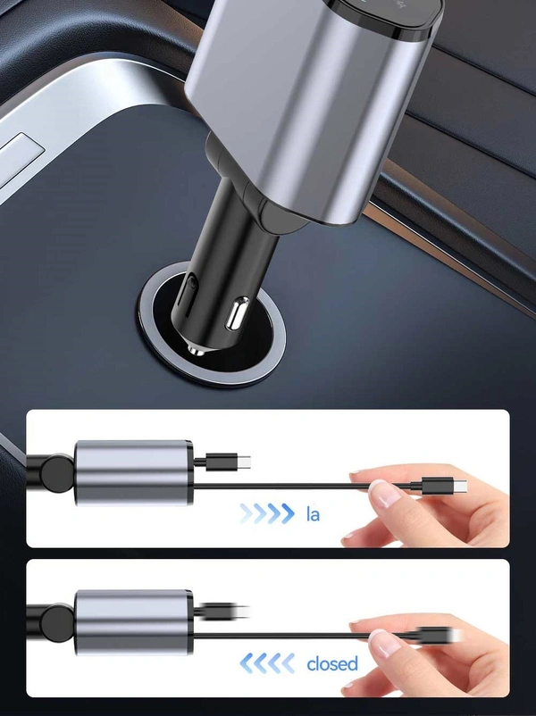 4-in-1 Retractable Super Fast Car Charger with Dual USB Ports for Type-C & iPhone