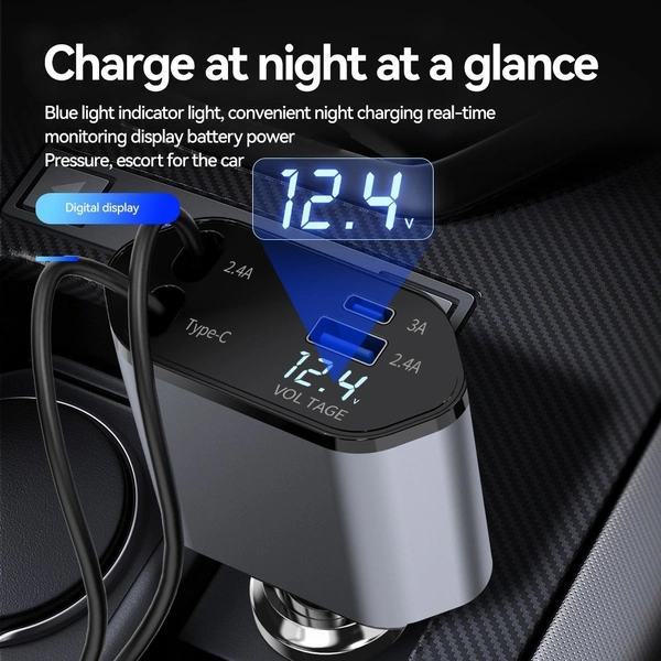4-in-1 Retractable Super Fast Car Charger with Dual USB Ports for Type-C & iPhone