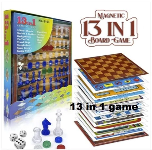 Premium Products Magnetic 13 in 1 Family Fun Indoor & Outdoor Board Games for Kids | Snakes & Ladders, Tic-Tac-Toe, Space Venture, Ludo, Chess, Football, Checkers, Travel Bingo & Many More