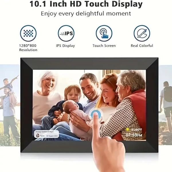 10 Inch Smart Wi-Fi Digital Photo Frame with IPS Touchscreen, Free App, Slideshow & Weather