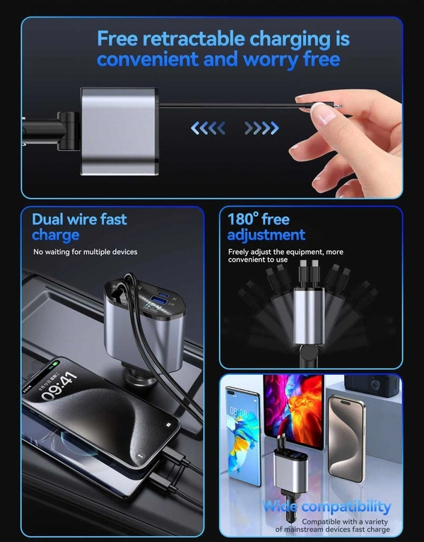 4-in-1 Retractable Super Fast Car Charger with Dual USB Ports for Type-C & iPhone