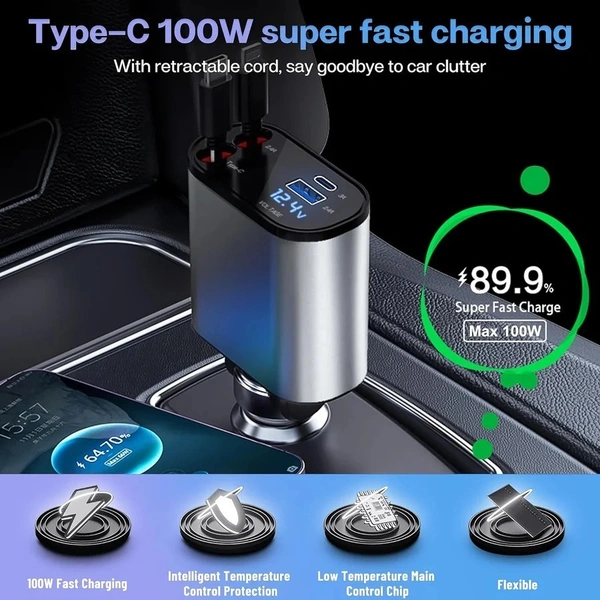Avyukta 4 In 1 Retractable Car Charger 120W