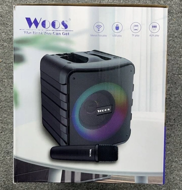 Woos WS-411M Portable RGB Speaker with Wireless Mic, 4-Inch Woofer, 1500mAh Battery