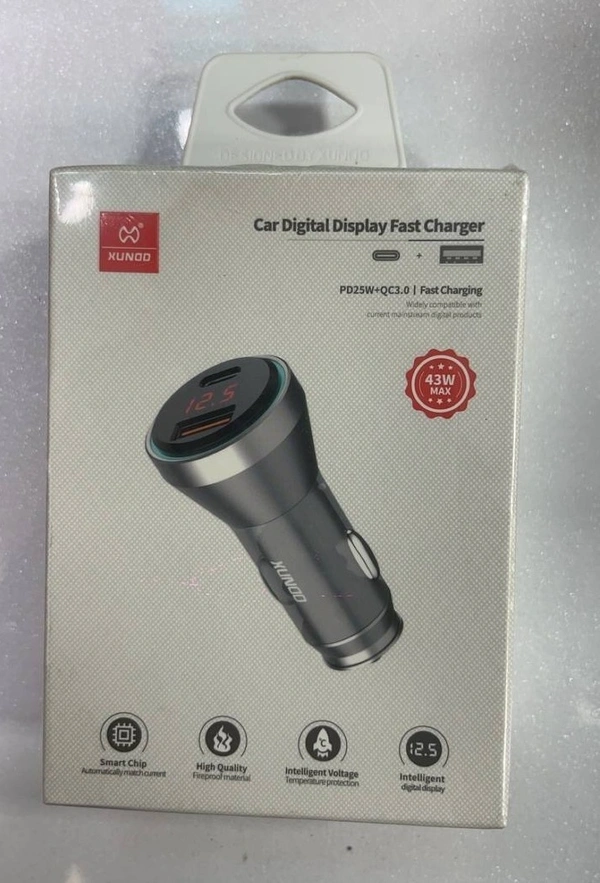 Car Digital Display Fast Charger – 43W Max, Fireproof Material & Smart Chip Protection