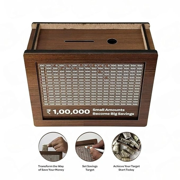 Wooden Money Saving Box – ₹1,00,000 Goal Piggy Bank with Tracker | Savings Chart for Kids & Adults