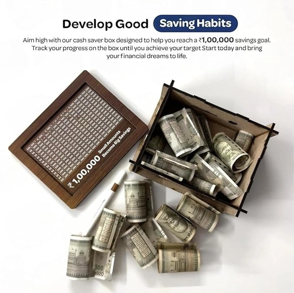 Wooden Money Saving Box – ₹1,00,000 Goal Piggy Bank with Tracker | Savings Chart for Kids & Adults