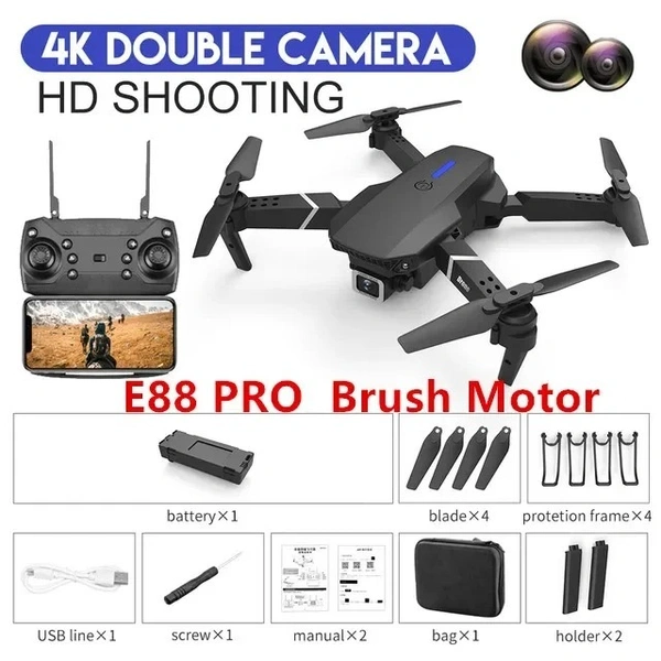 Professional E88 EVO Brushless Motor RC Dron Dual Camera Optical Flow Foldable Helicopter Aircraft Quadcopter Drone DUEL CAMERA DUEL BATTERY