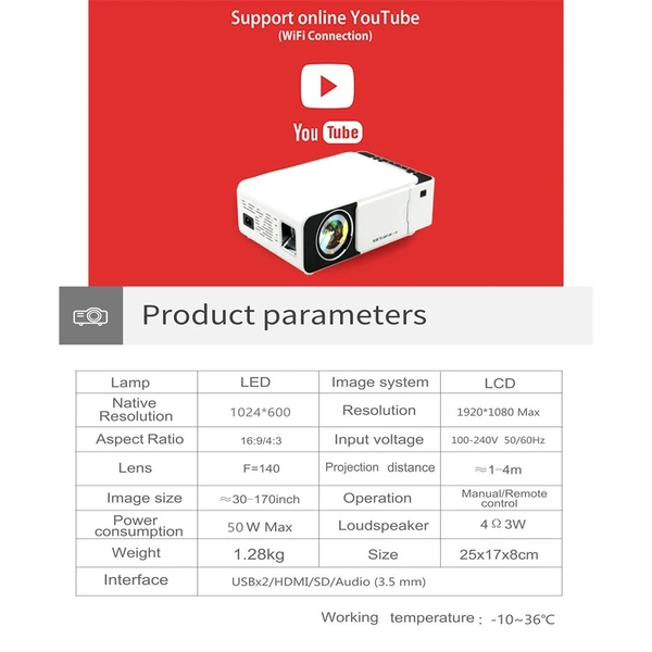 Mini Led Projector Wifi Wireless Mirror Phone Miracast 1080P LCD Video Movie Party Projector T5 Smart Version