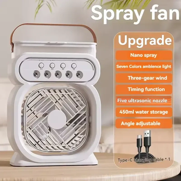 Multi-Function Fan Humidifier with 5-Speed Wind, 5-Hole Spray, LED Light, Timer, and Large Water Tank
