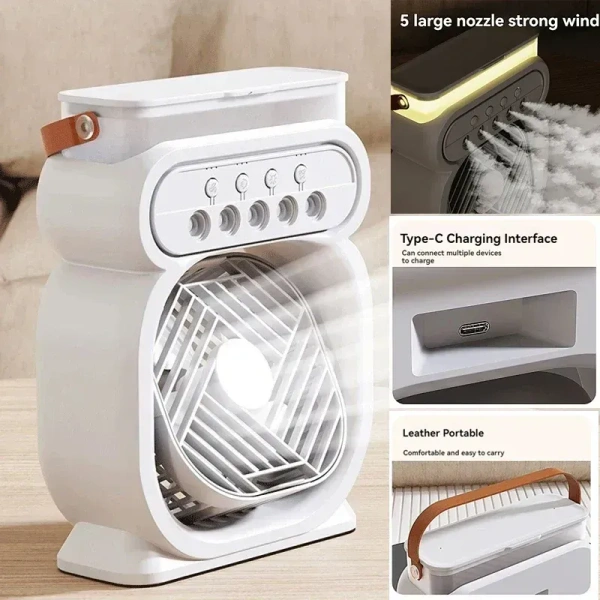 Multi-Function Fan Humidifier with 5-Speed Wind, 5-Hole Spray, LED Light, Timer, and Large Water Tank