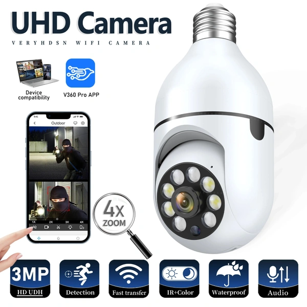 Wireless Smart Home Surveillance Camera, WiFi, 3MP, E27 Bulb, 4X Digital Zoom, AI Human Detection, Full Color, Night Vision, Surveillance Cameras