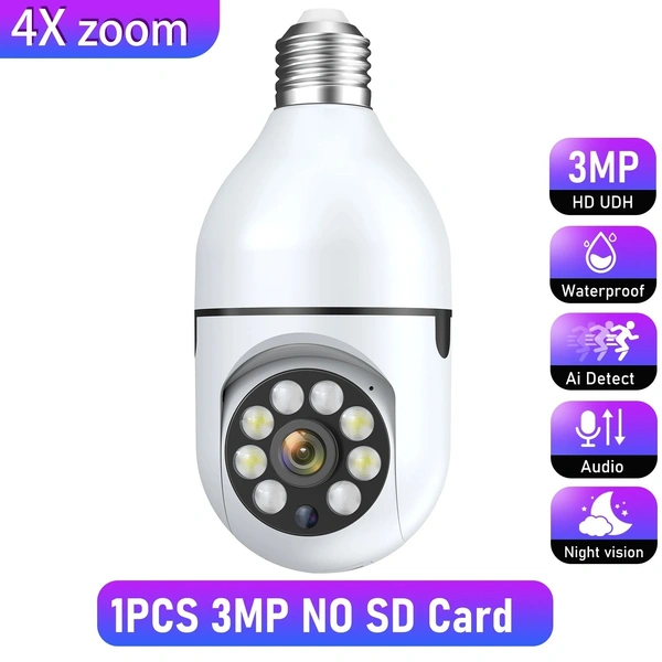 Wireless Smart Home Surveillance Camera, WiFi, 3MP, E27 Bulb, 4X Digital Zoom, AI Human Detection, Full Color, Night Vision, Surveillance Cameras