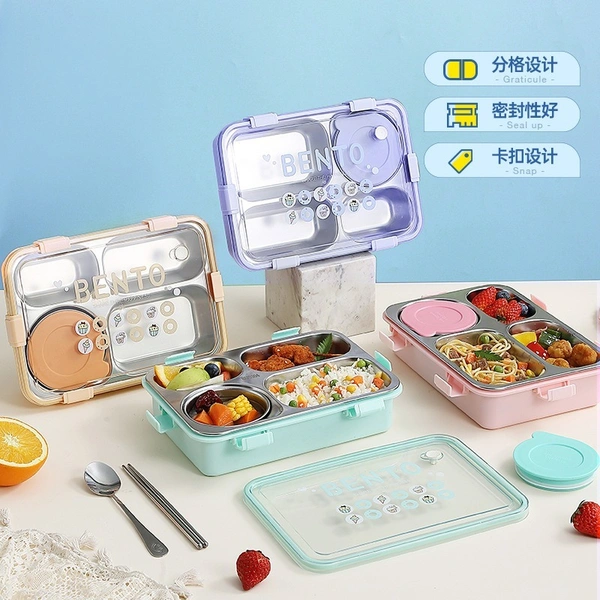 Lockable Leak-proof 4 Compartments Stainless Steel Students Lunch Box Tiffin Box