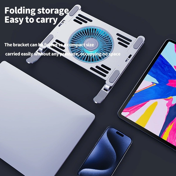 Aluminum Alloy Laptop Stand with 3-Speed Electric Fan – Anti-Slip, Adjustable, Foldable & Heat Dissipation