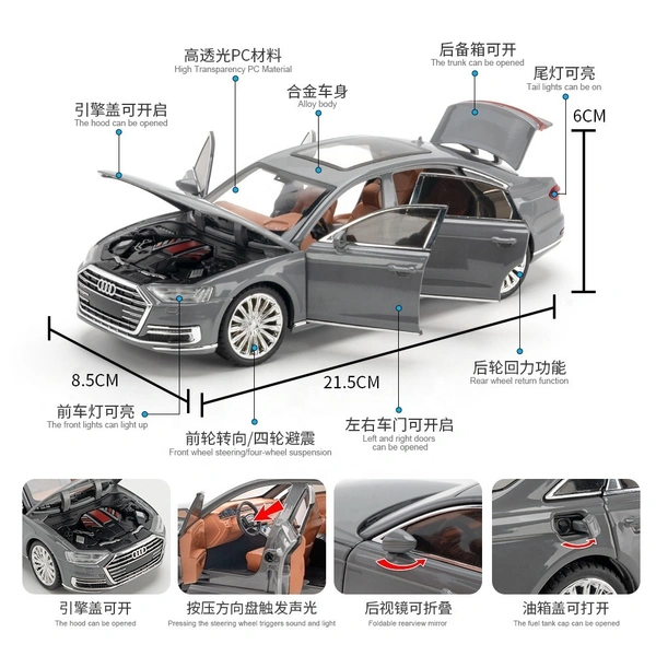 1:24 Die-Cast Audi Model Car – Alloy Metal, Pull-Back Action, Openable Doors, LED & Sound