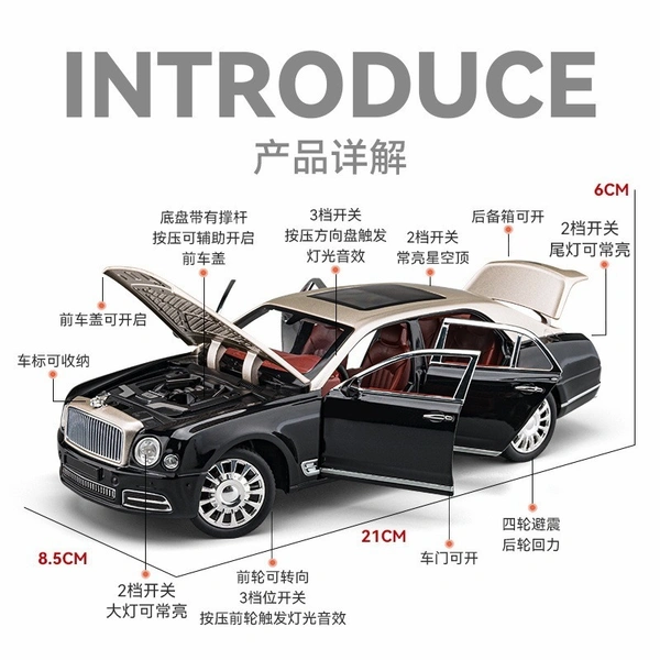 1:24 Die-Cast Bentley Mulsanne Model Car – Alloy Body, Pull-Back Action, Openable Doors, LED & Sound