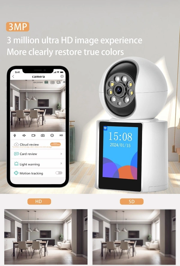 WiFi CCTV Camera with 2.8-Inch Screen, Night Vision, 128GB Storage, Motion Detection & Two-Way Audio