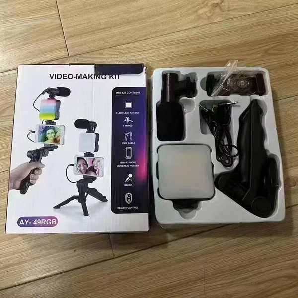 AY49 RGB Smartphone Vlogging Kit Tripod with LED Light & Wireless Mic for YouTube, TikTok & Live Streaming