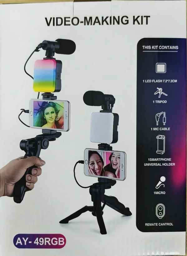 AY49 RGB Smartphone Vlogging Kit Tripod with LED Light & Wireless Mic for YouTube, TikTok & Live Streaming