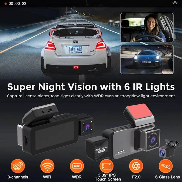 ES80 3 Lens WiFi Dash Cam | Touchscreen Display, Full HD Front, Rear & Interior Recording