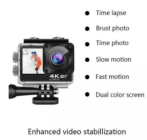 Q60AR 4K WiFi Action Camera | Waterproof, Wide-Angle, Touchscreen, Sports, Bike & Travel Vlogging Cam