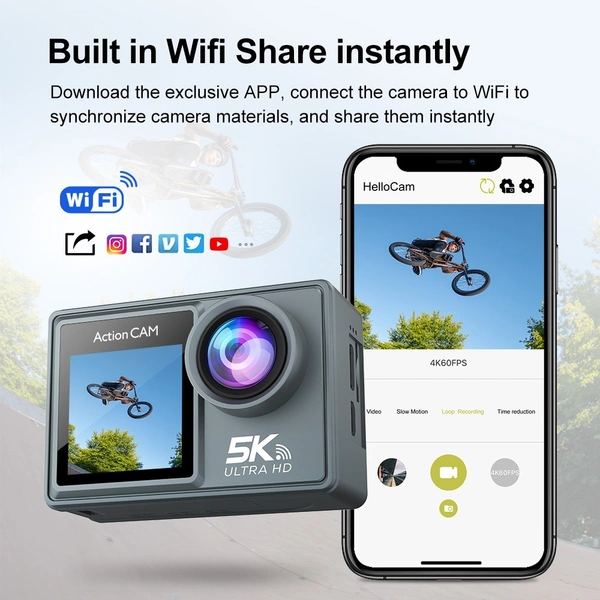 M60TRW 5K Waterproof Action Camera | Wide Angle Vlogging & Motorcycle Cam | Touchscreen