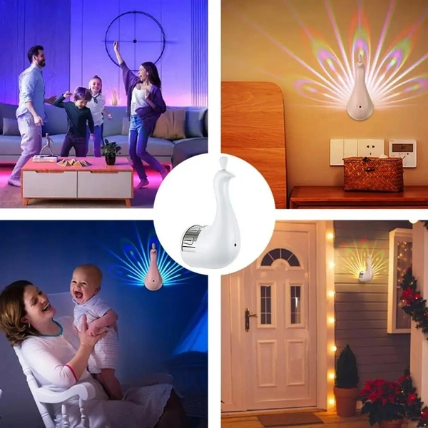 LED Peacock Projection Wall Lamp – 7-Color Peacock Night Light with Remote & USB | Romantic Ambient Decor