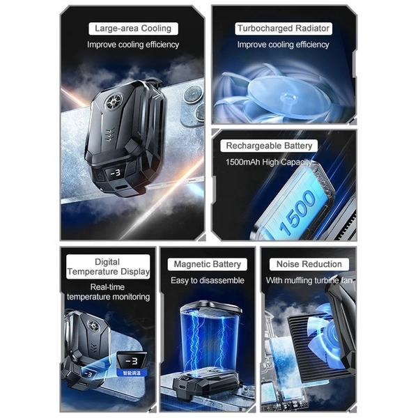 SL-14 Back-Clip Mobile Phone Cooler with 1500mAh Battery | Semiconductor Cooling, RGB Lights, Adjustable Clip for Gaming Phones