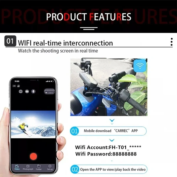 Waterproof Motorcycle Dash Cam - HD 1080P WiFi Action Camera with 120° Wide-Angle Lens for Motorcycles & Bicycles