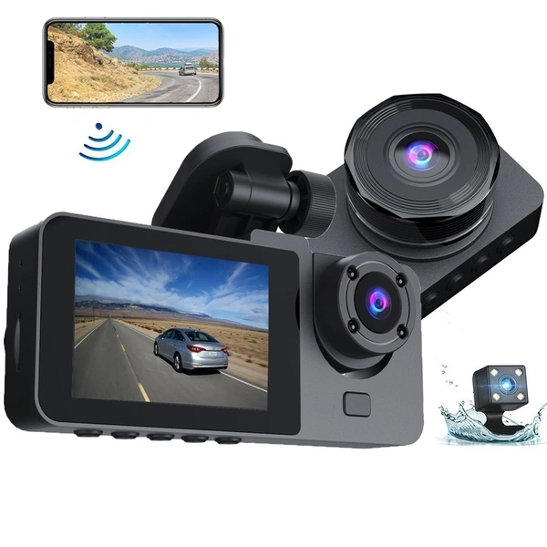 Y15 | 3-Lens Car Dash Cam | Front, Rear & Inside Camera | Full HD Night Vision, G-Sensor, Loop Recording & Parking Mode