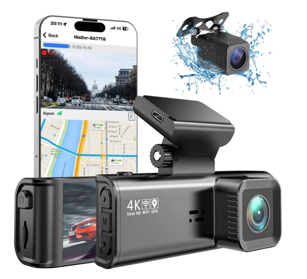 V56 4K Front & Rear Dashcam with 3.18″ Screen – Dual Recording, Night Vision, WiFi, GPS, G-Sensor