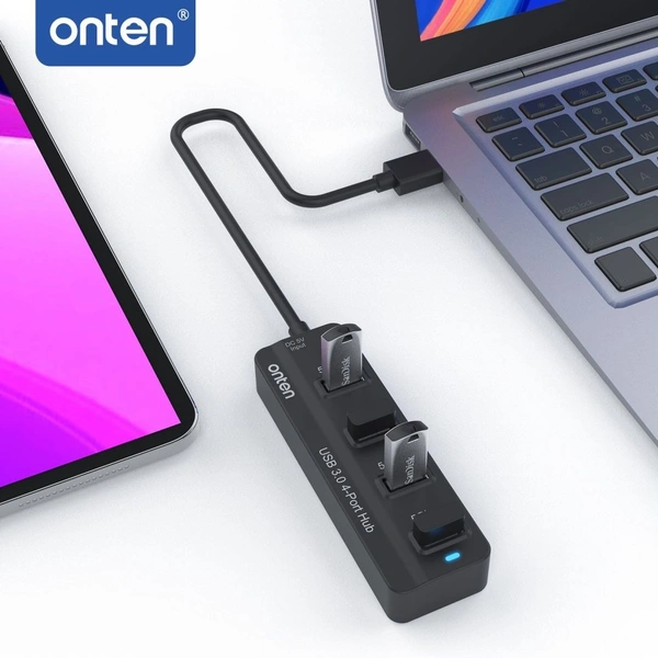 Onten 4-Port USB 3.0 Hub with Individual Power Switches – High-Speed Data Transfer & Charging