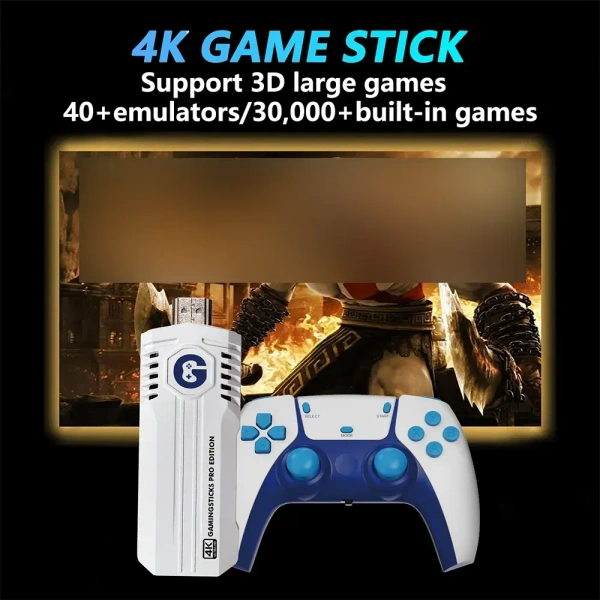 Classic Game Stick Mini Retro – 4K Console, 30000+ Games, Two-Player, Expandable Memory