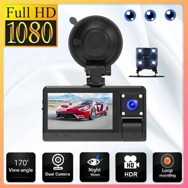 S13 3-Lens Touch-Screen FHD Dash Cam – Front, Interior, Rear + Wi-Fi & Motion Detection