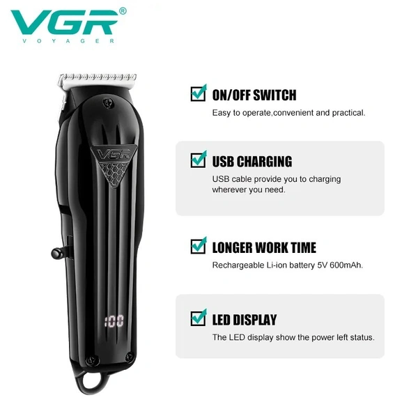 VGR V-982 Cordless Hair Trimmer – LED Display, 120 Min Runtime, 4 Attachments